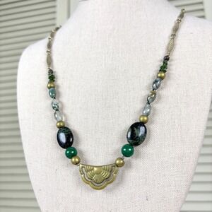 Artisan Art Deco Revival Green Moss Agate Jade Brass Fan Necklace Y2K Boho Chic